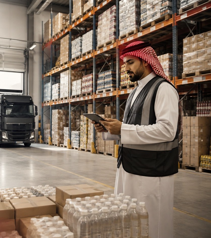 Incoming pallets checked against the order at a Saudi warehouse bay
